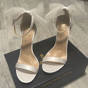 Ivory Satin Bow Ankle Strap High Heels